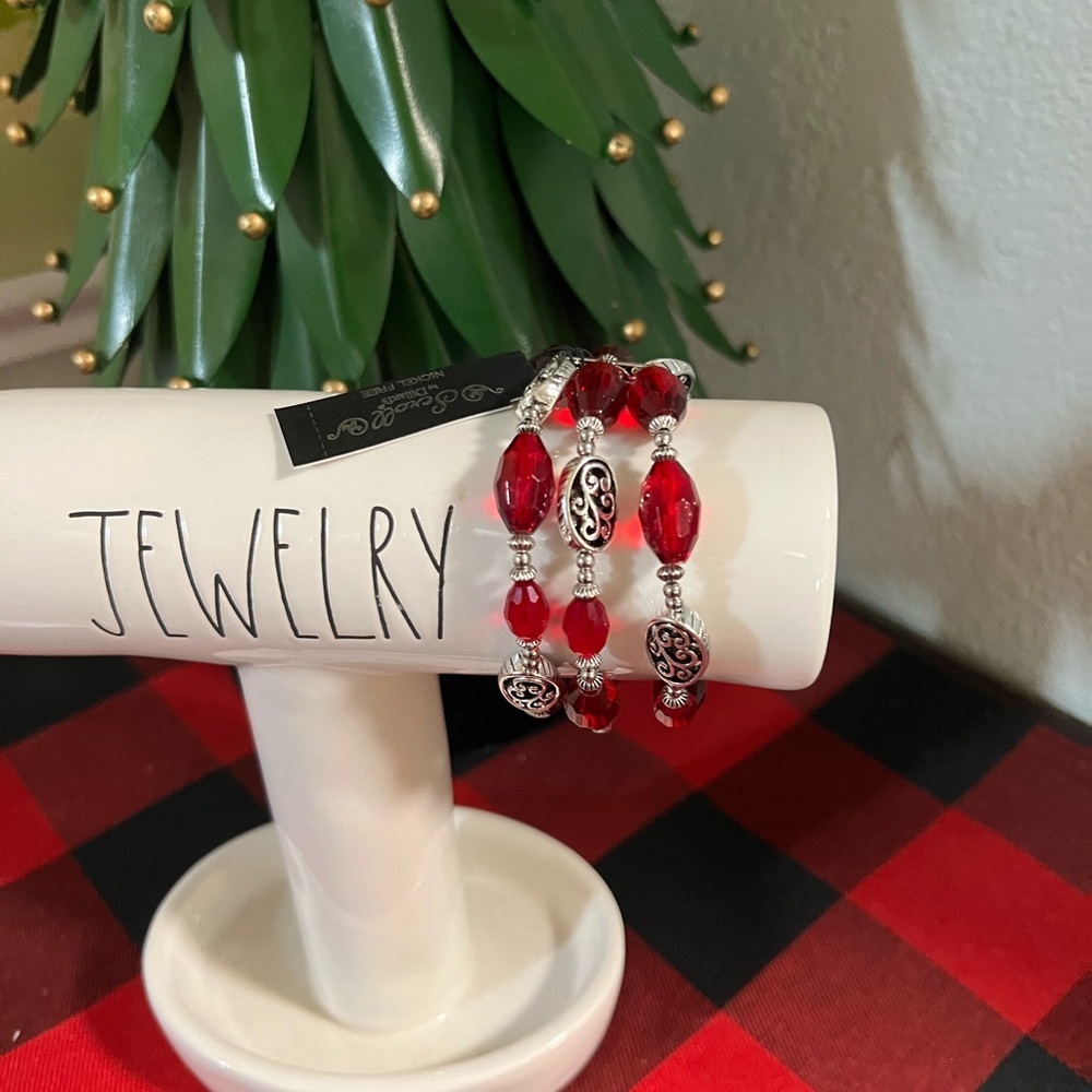Chic Three Red Beaded Stretch Bracelet with Silver Accents NWT #DILL1